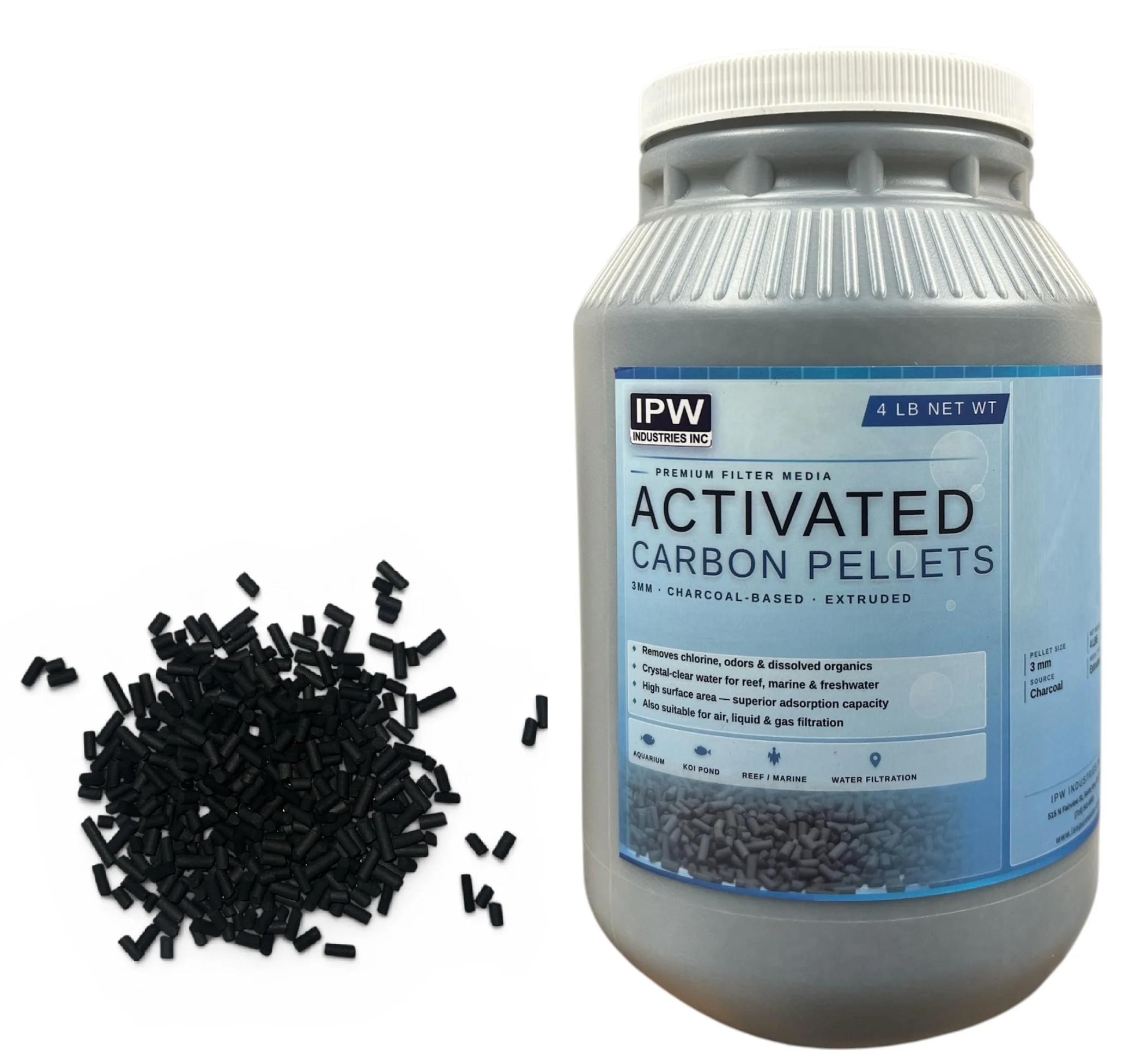 IPW Industries Inc (3mm60CTC) 4 lbs Bulk Activated Carbon Charcoal Pellets for Aquarium Fish Tank Koi Reef Filter