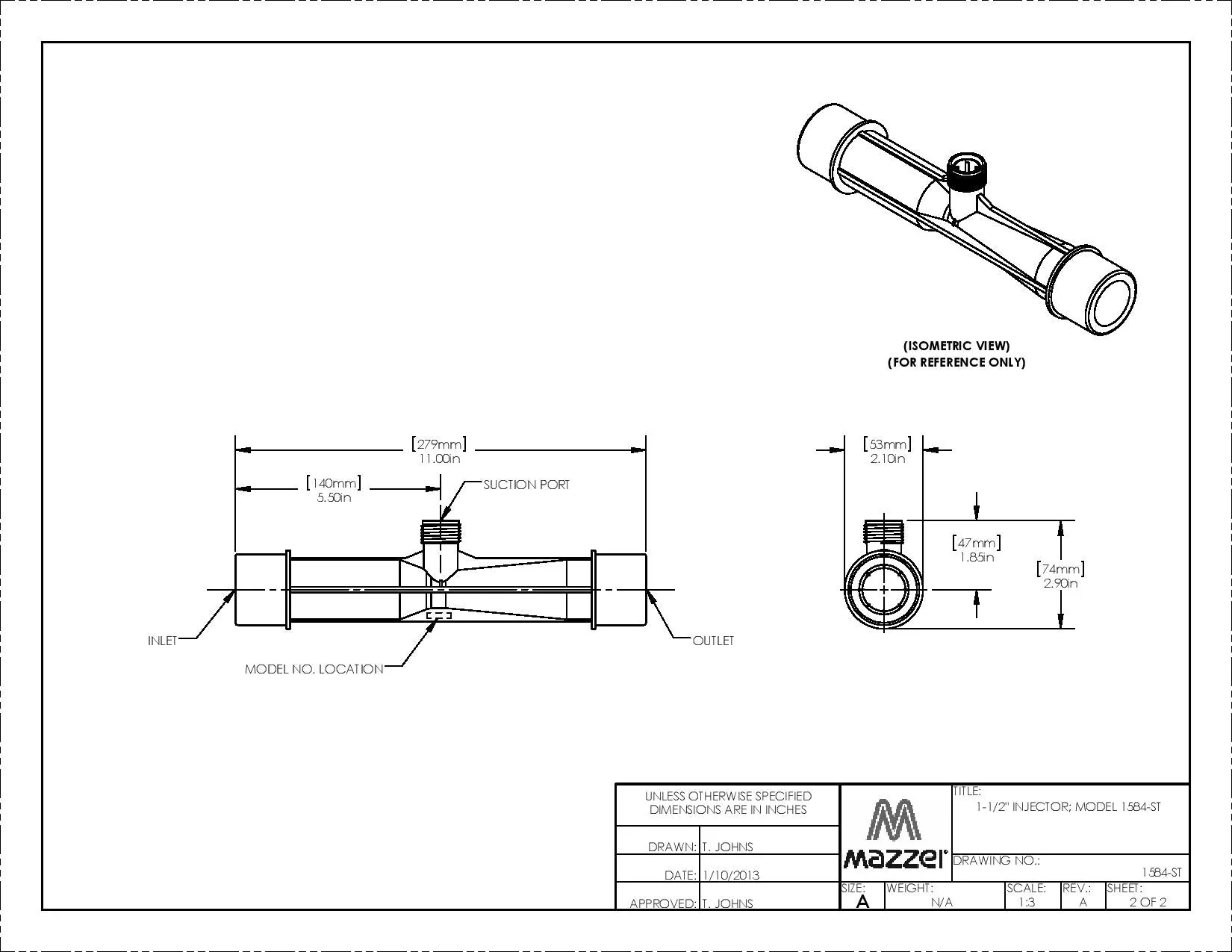 Mazzei - 1584 Series - 1.5" Male NPT Inlet/Outlet Connections (0.50" Barbed/Male NPT Threaded Suction Port Cap) - Image 10