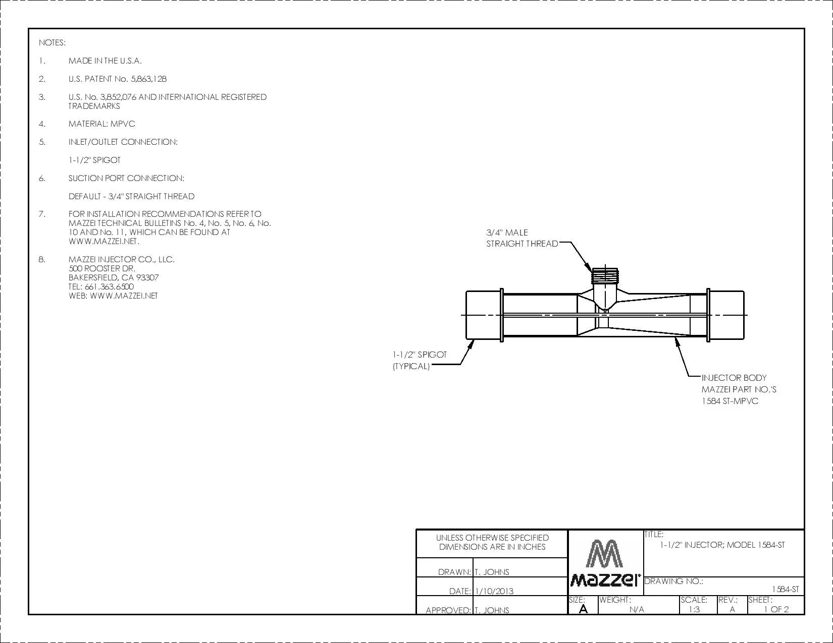Mazzei - 1584 Series - 1.5" Male NPT Inlet/Outlet Connections (0.50" Barbed/Male NPT Threaded Suction Port Cap) - Image 9
