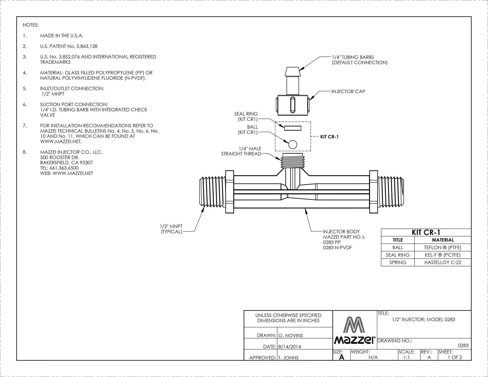 Mazzei - ISO 287 Series - 15mm Male BSPT Inlet/Outlet Connections (0.25" Barbed Suction Port Cap) - Image 2