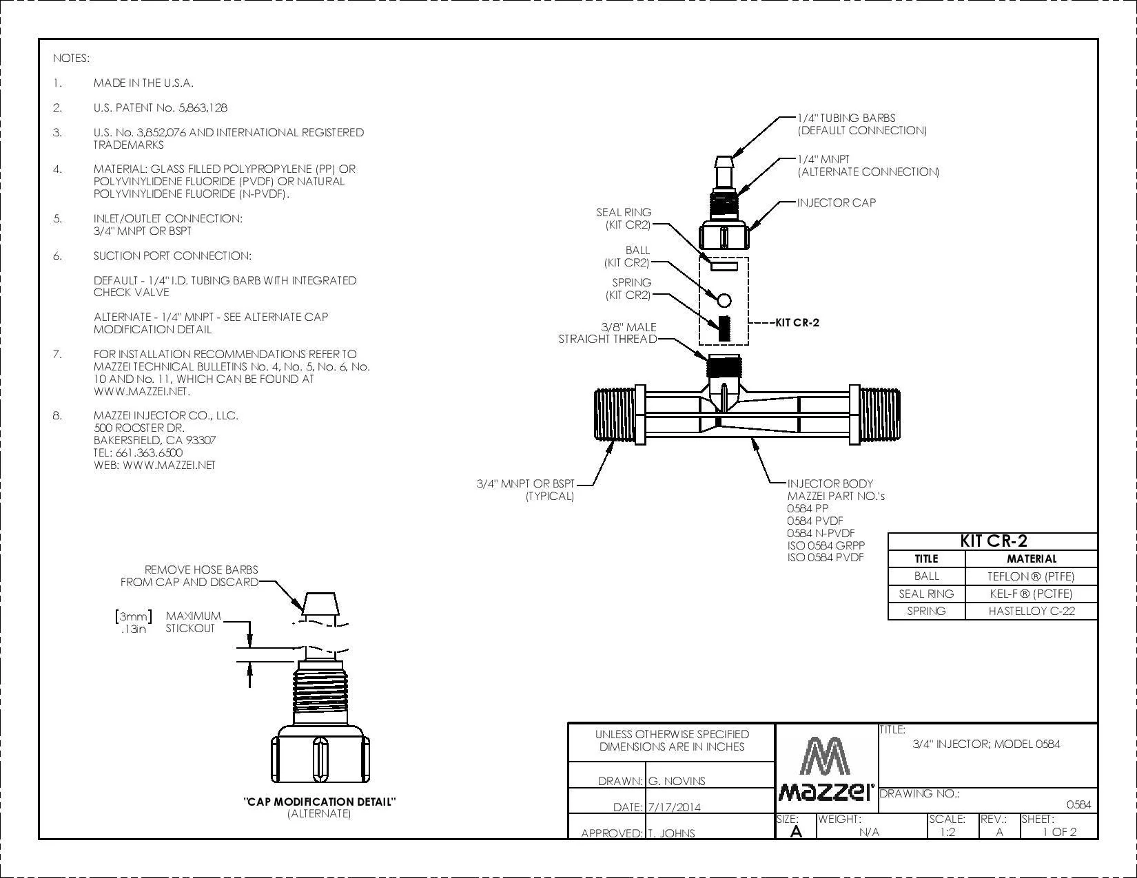 Mazzei - ISO 584 Series - 20mm Male BSPT Inlet/Outlet Connections (0.25" Barbed Suction Port Cap) - Image 2