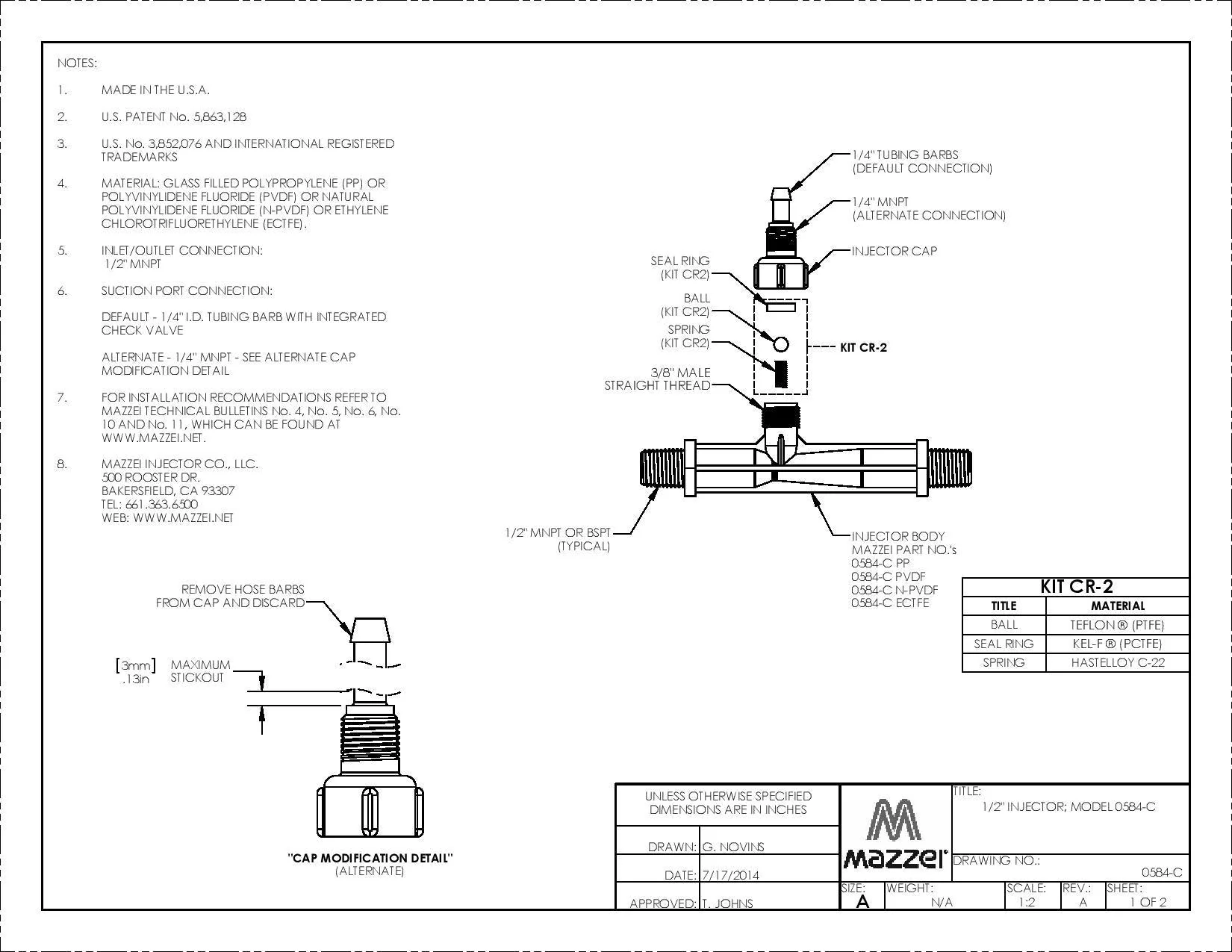 Mazzei - ISO 584 Series - 20mm Male BSPT Inlet/Outlet Connections (0.25" Barbed Suction Port Cap) - Image 4